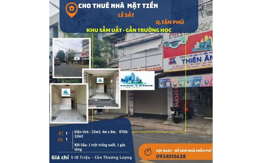 CỰC SỐC- Cho thuê nhà mặt tiền Lê Sát 32m2, 10 Triệu- gần TRƯỜNG HỌC